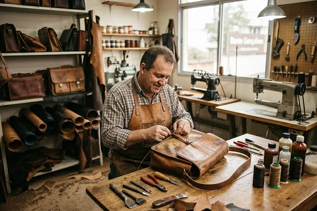 Reforma de bolsa de couro sendo feita por sapateiro.